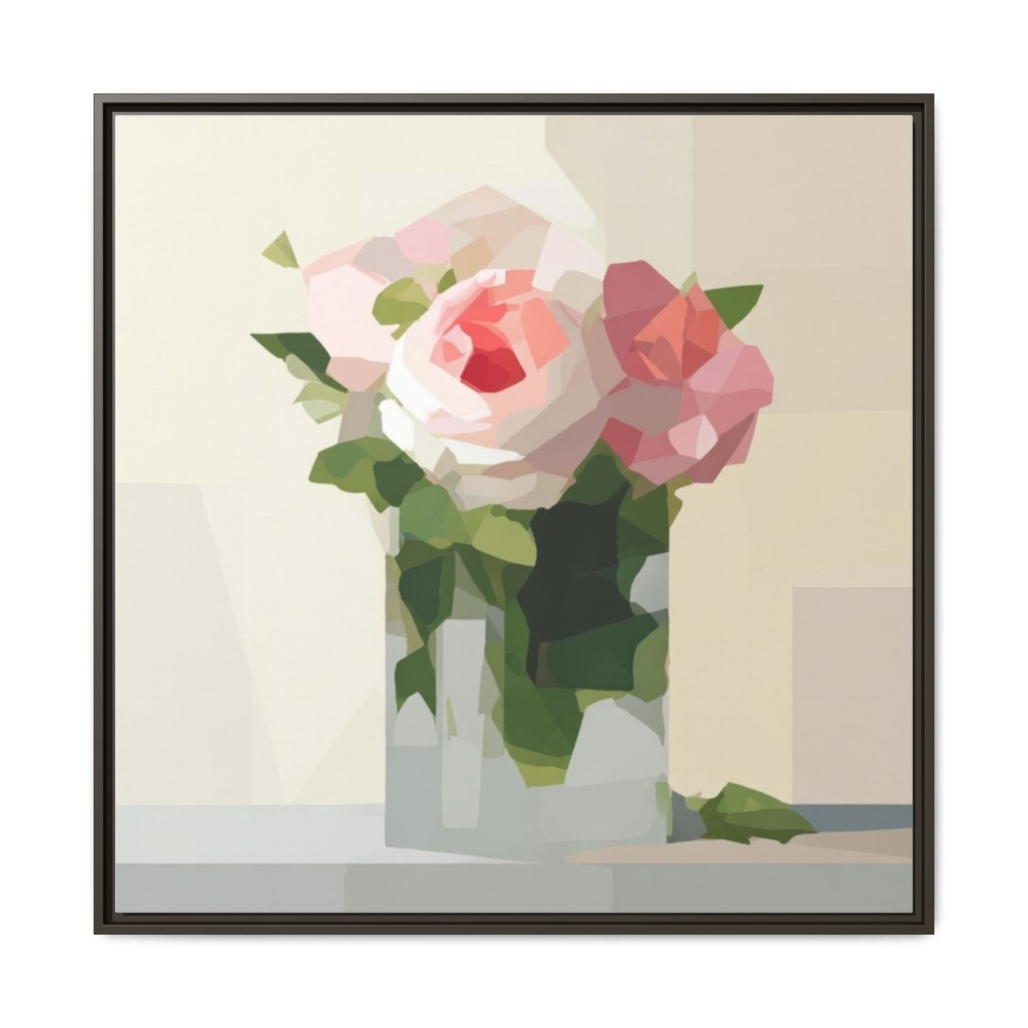 Framed Floral Canvas Print — Geometric Pink Rose Wall Art