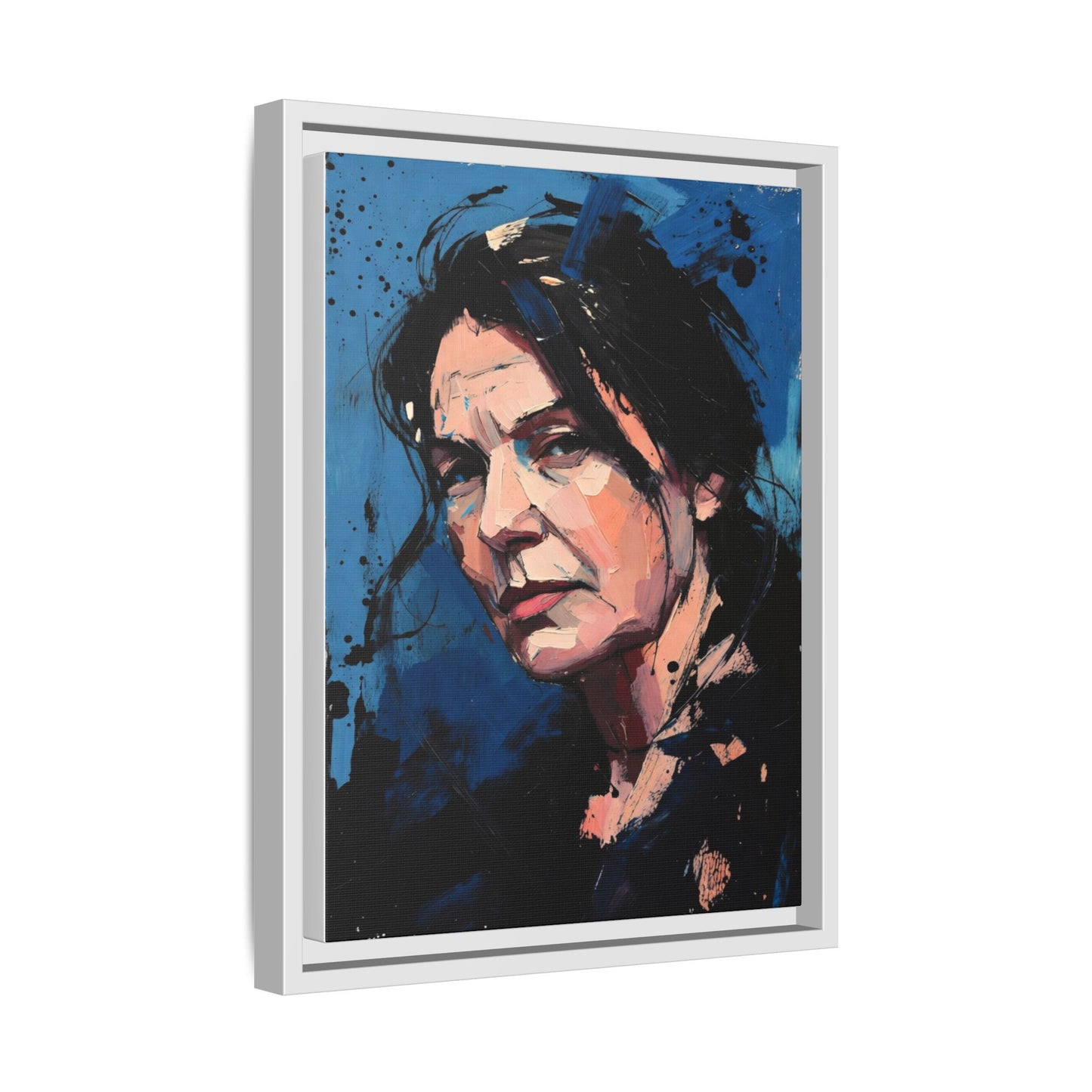 Framed Matte Canvas Portrait — Expressive Blue Painterly Woman Art