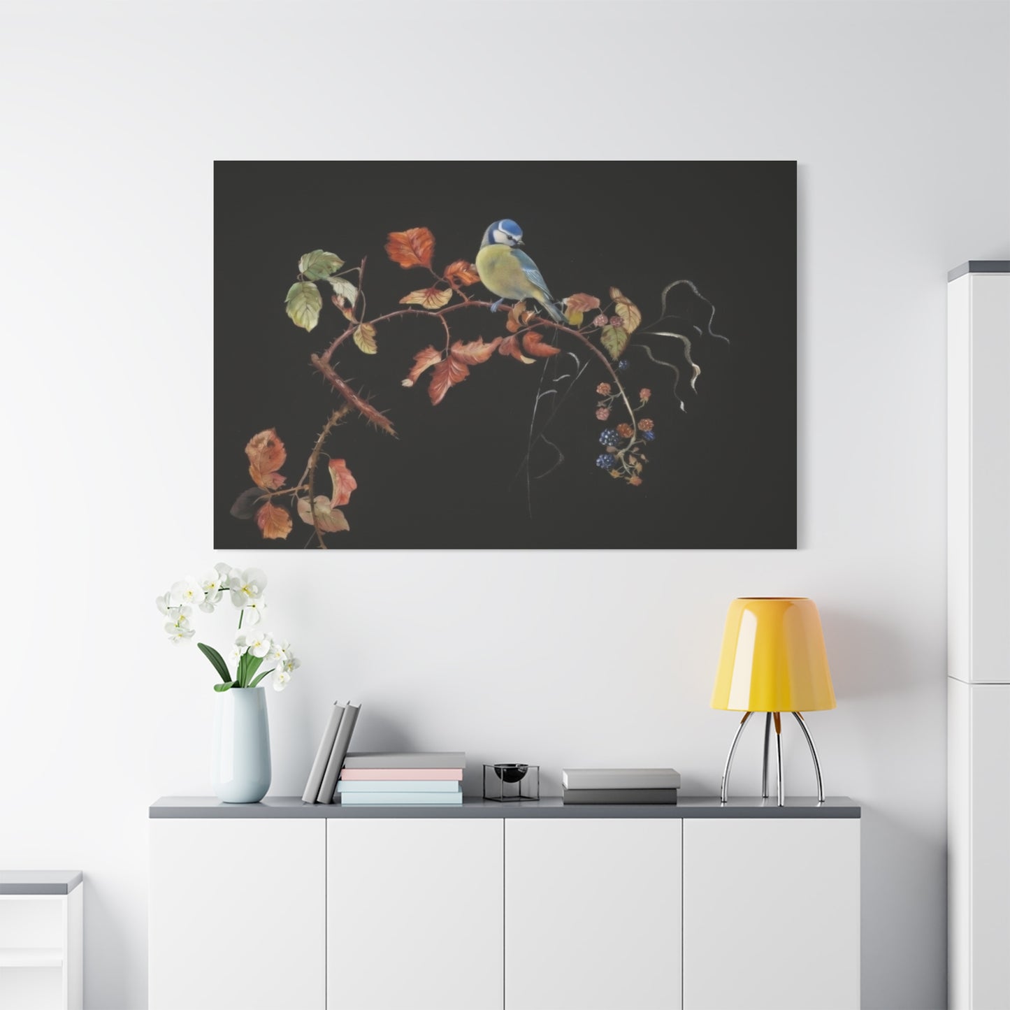 Canvas Wall Art - Blue Tit on Autumn Branch, Stretched Matte Canvas