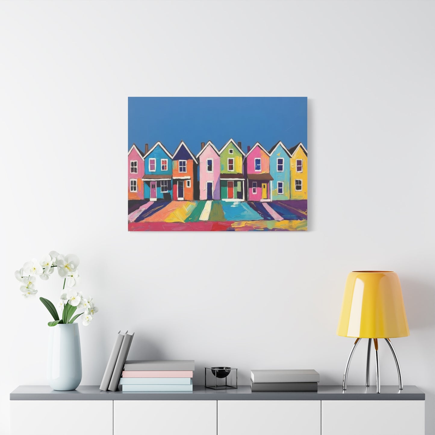 Colorful Row Houses Matte Canvas Print Vibrant Coastal Neighborhood Wall Art