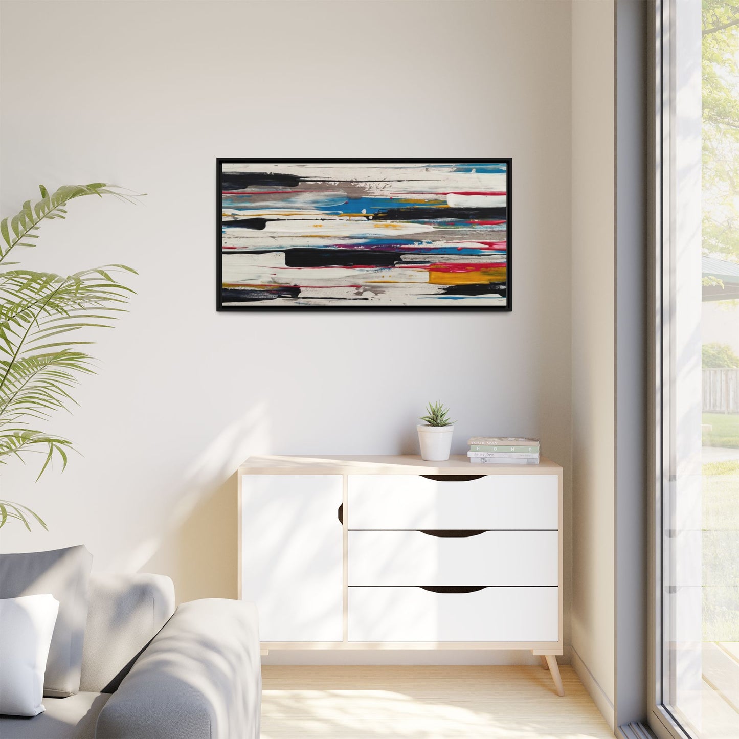 Abstract Multi-Color Framed Canvas Wall Art — Modern Horizontal Brushstroke Print