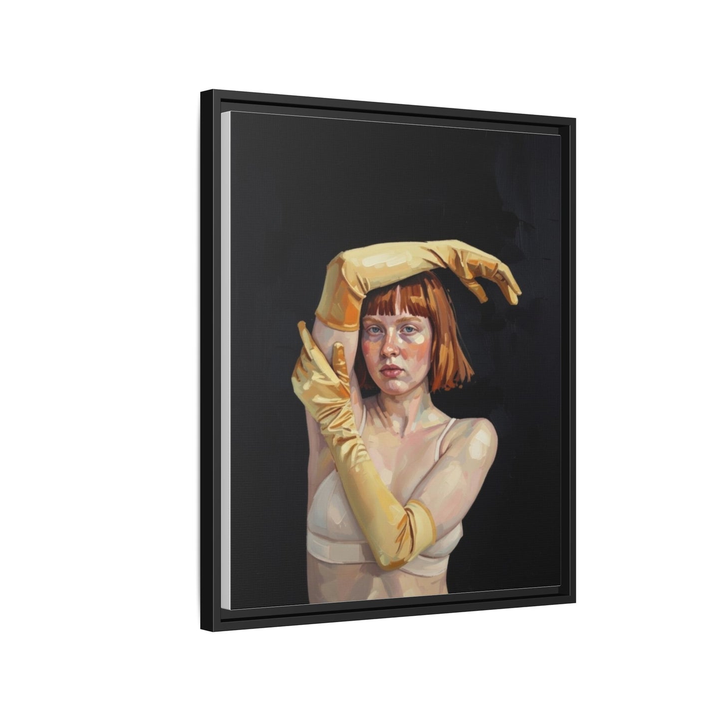Framed Matte Canvas Art – Portrait of Woman in Yellow Gloves