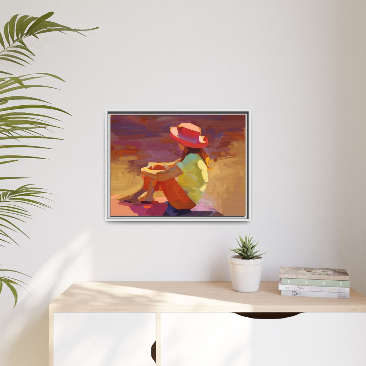 Framed Matte Canvas — Colorful Seated Girl Beach Art
