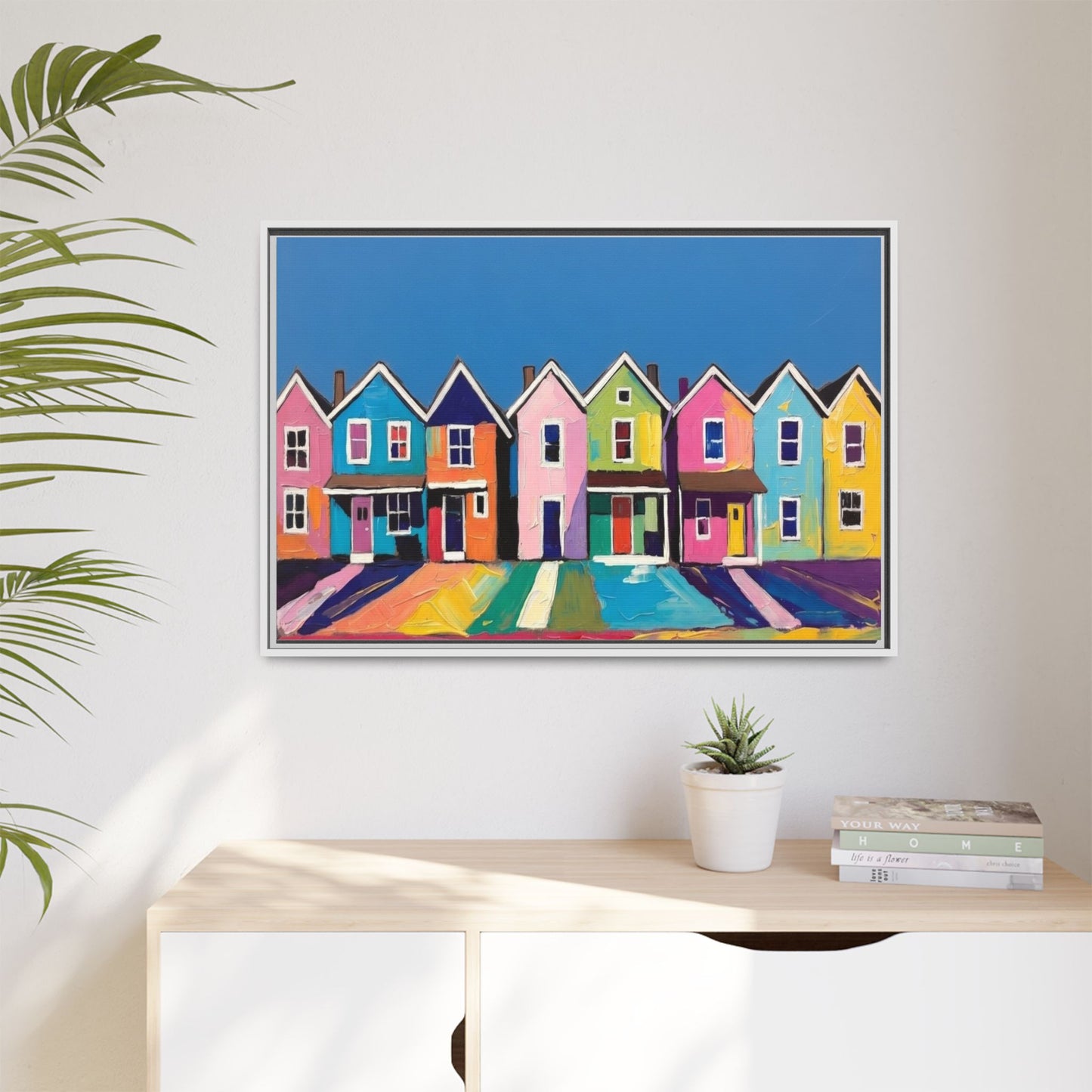 Colorful Beach Houses Matte Canvas Framed Wall Art