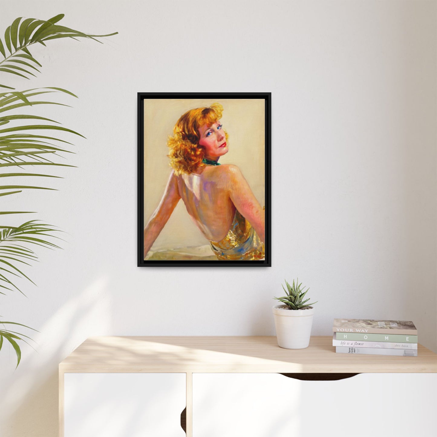 Framed Matte Canvas Print — Vintage Portrait of Redhead Greta Garbo in Gold Dress