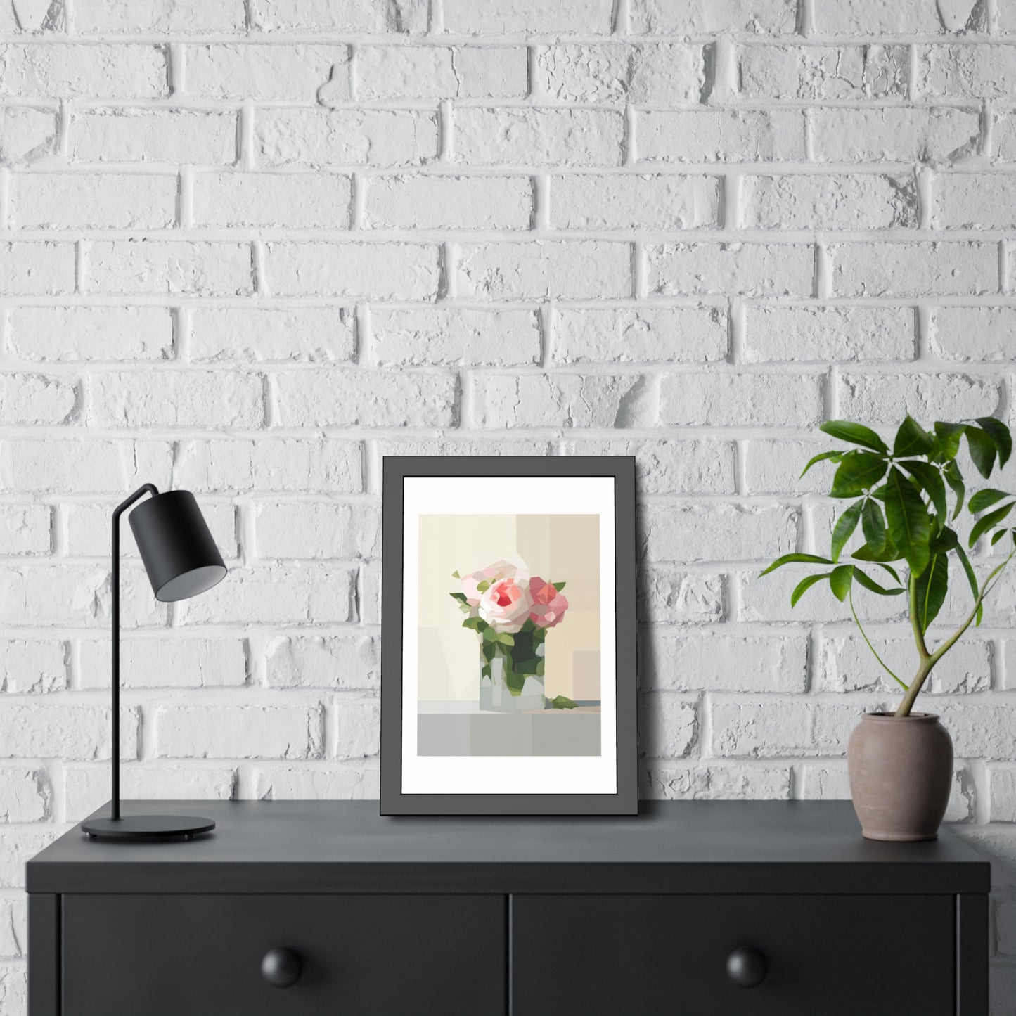 Framed Floral Poster — Geometric Pink Rose Wall Art