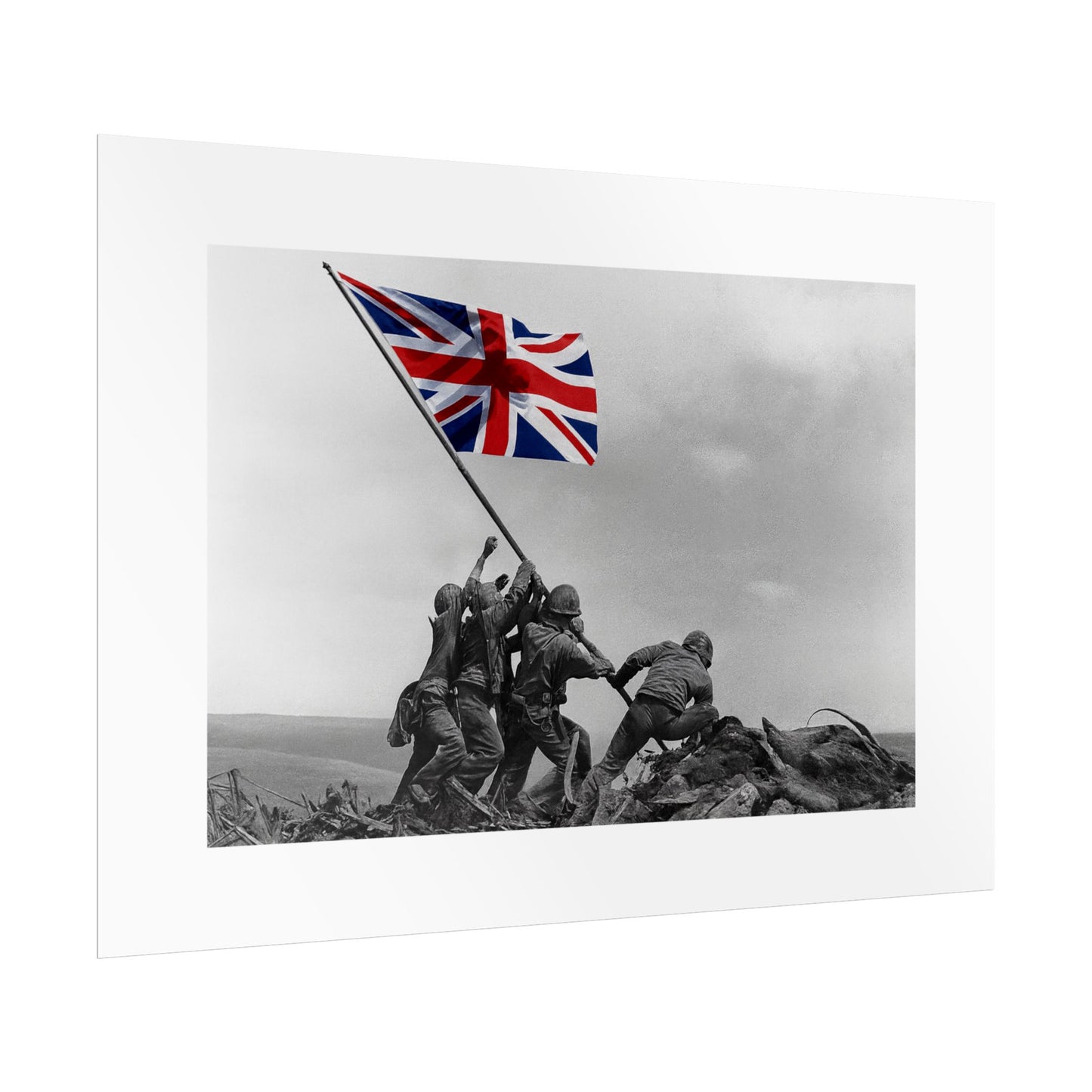 Raising the Union Jack by Unknown attributed to Joe Rosenthal Wall Art Print