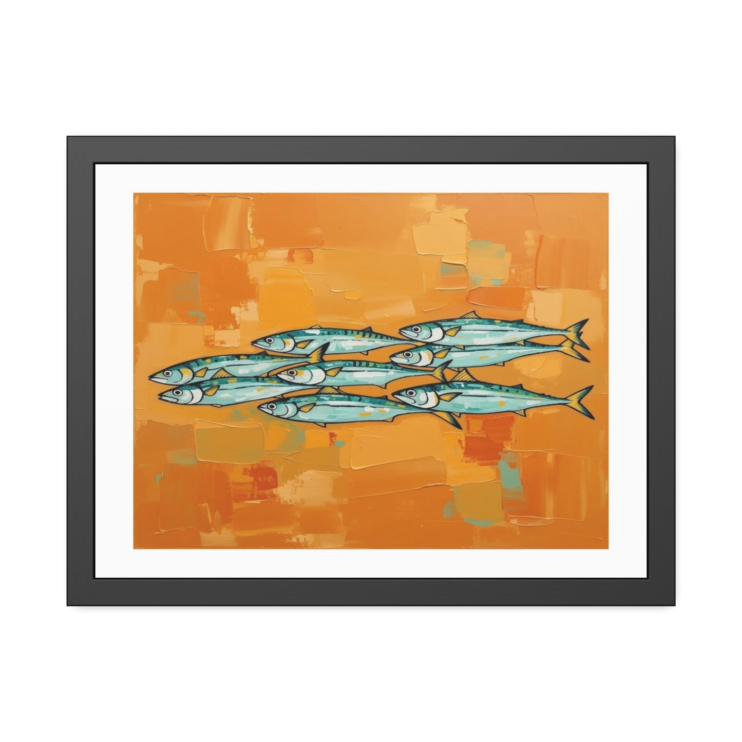 Framed Fish Art Print — School of Mackerel on Orange Abstract Background