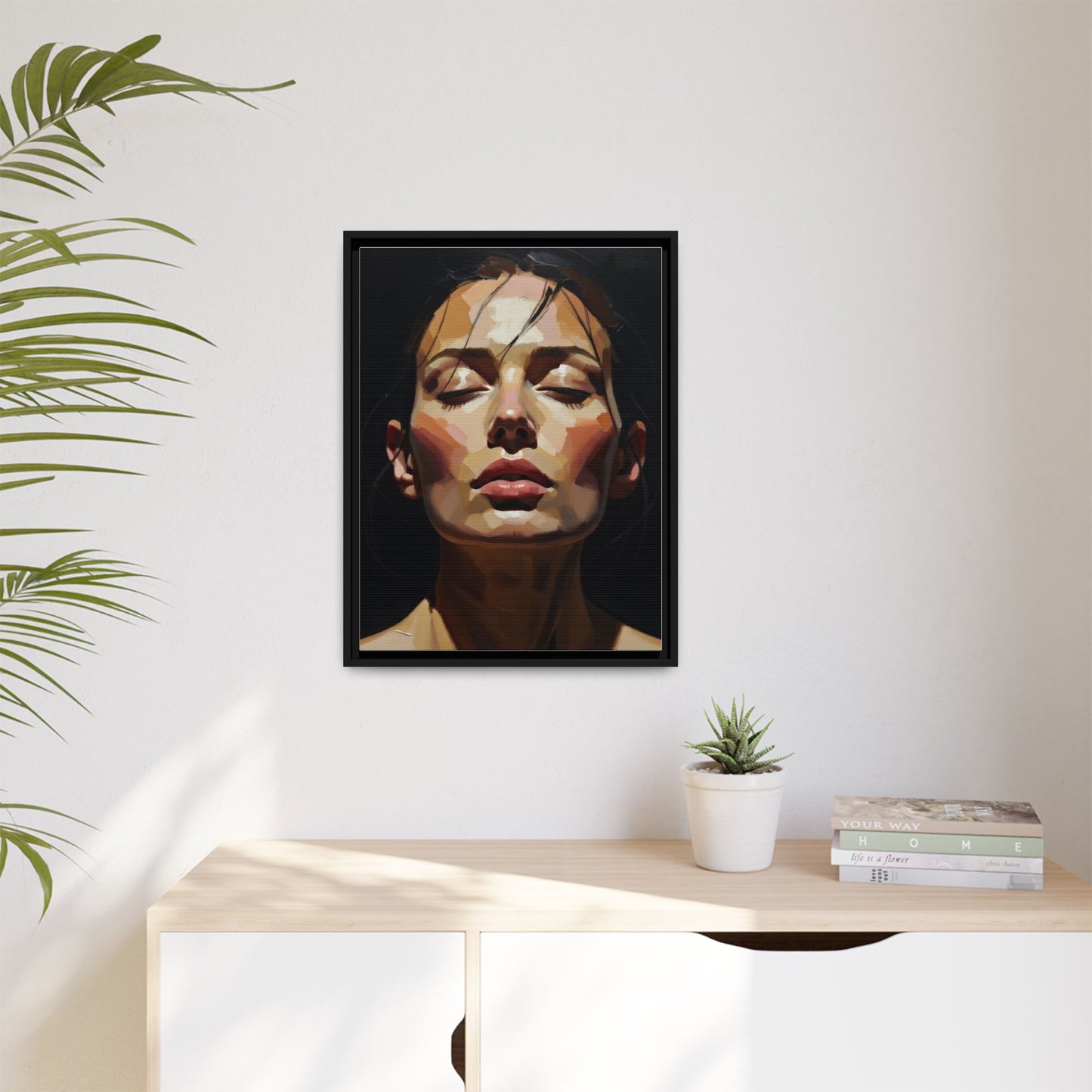 Framed Matte Canvas Portrait – Woman with Eyes Closed (Multi‑Color)