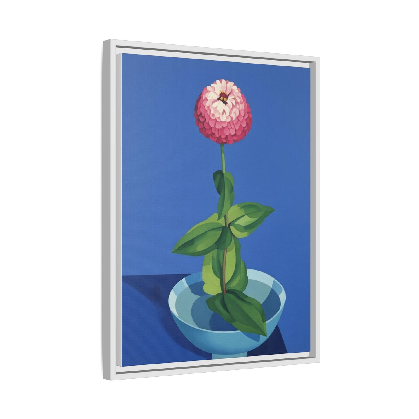 Framed Matte Canvas Art — Pink Zinnia in Blue Bowl (Botanical Still Life)