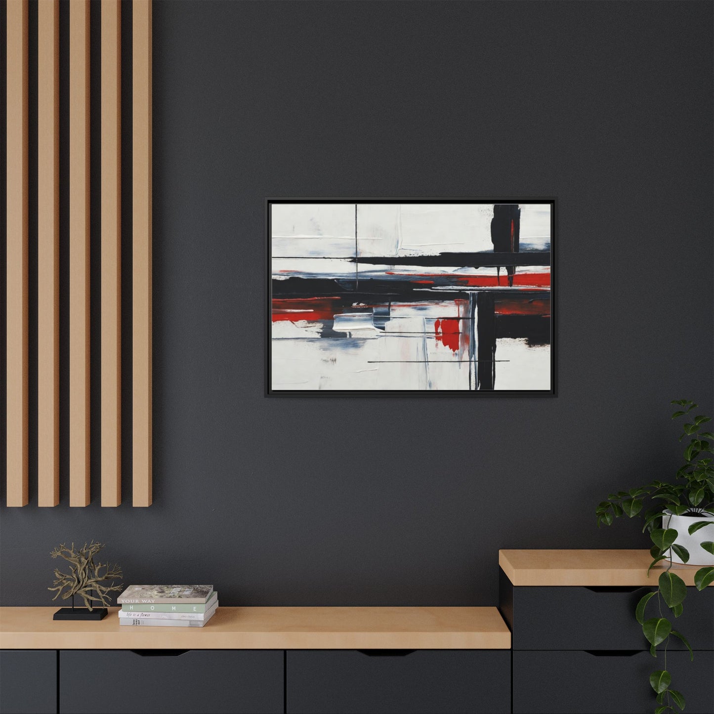 Abstract Red & Black Framed Canvas Art — Modern Matte Wall Painting