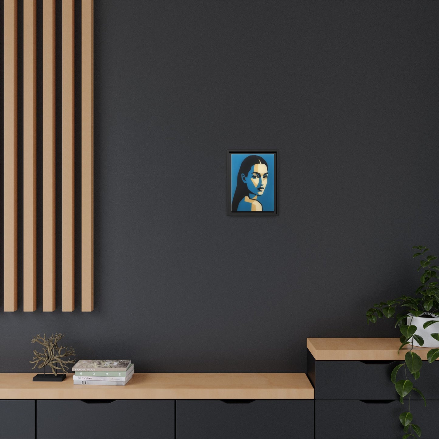 Framed Pop Art Portrait Canvas — Blue Geometric Woman Print