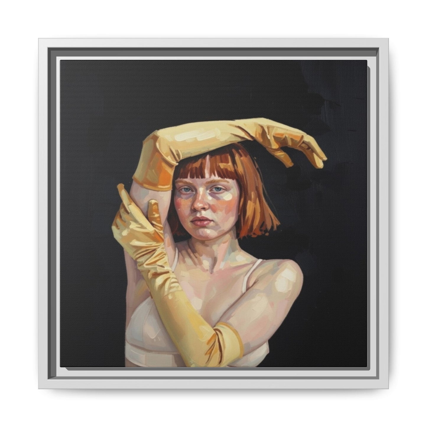 Framed Matte Canvas Art – Portrait of Woman in Yellow Gloves