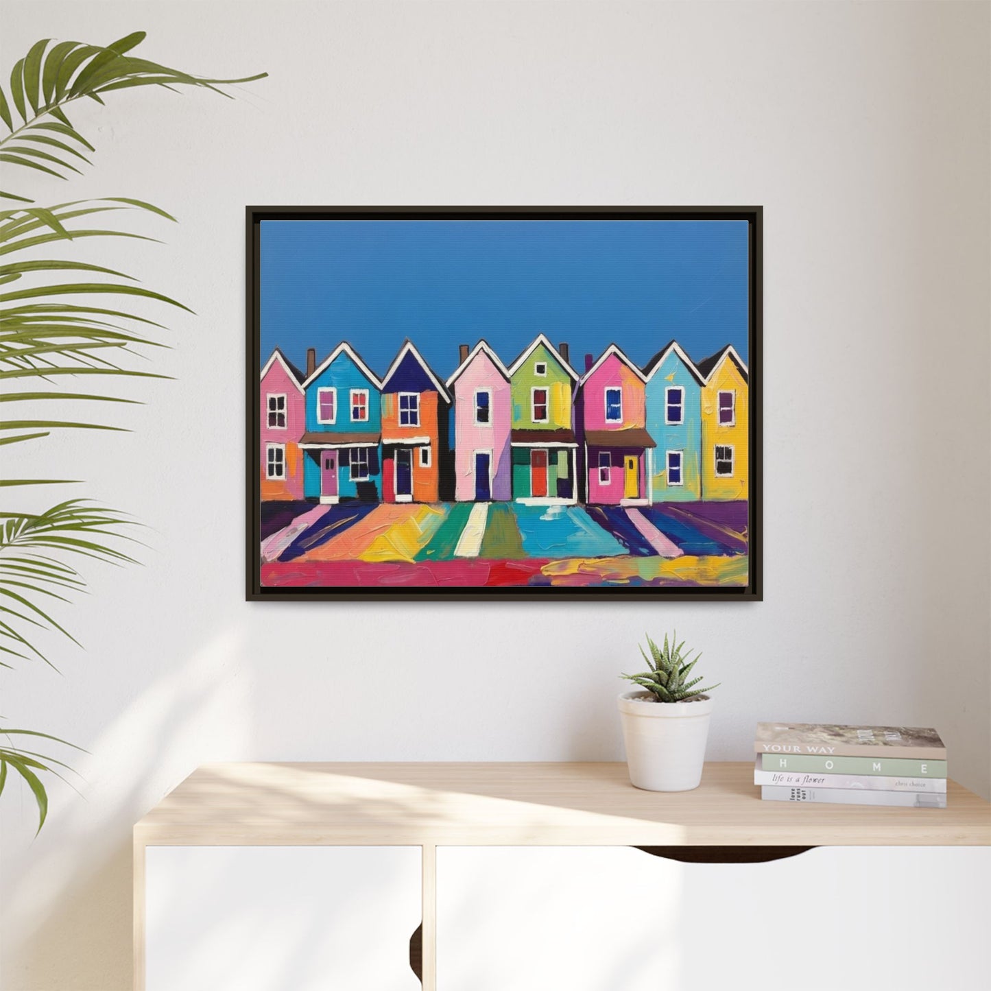 Colorful Beach Houses Matte Canvas Framed Wall Art
