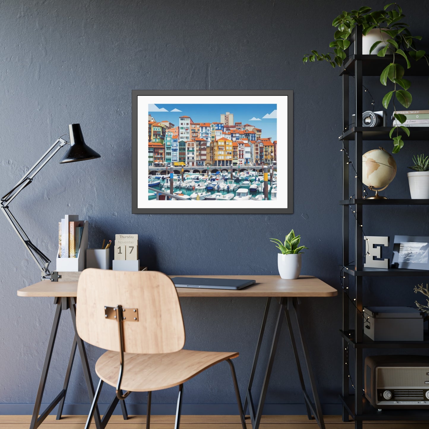 Harbor Marina Framed Poster — Colorful Coastal Cityscape Wall Art