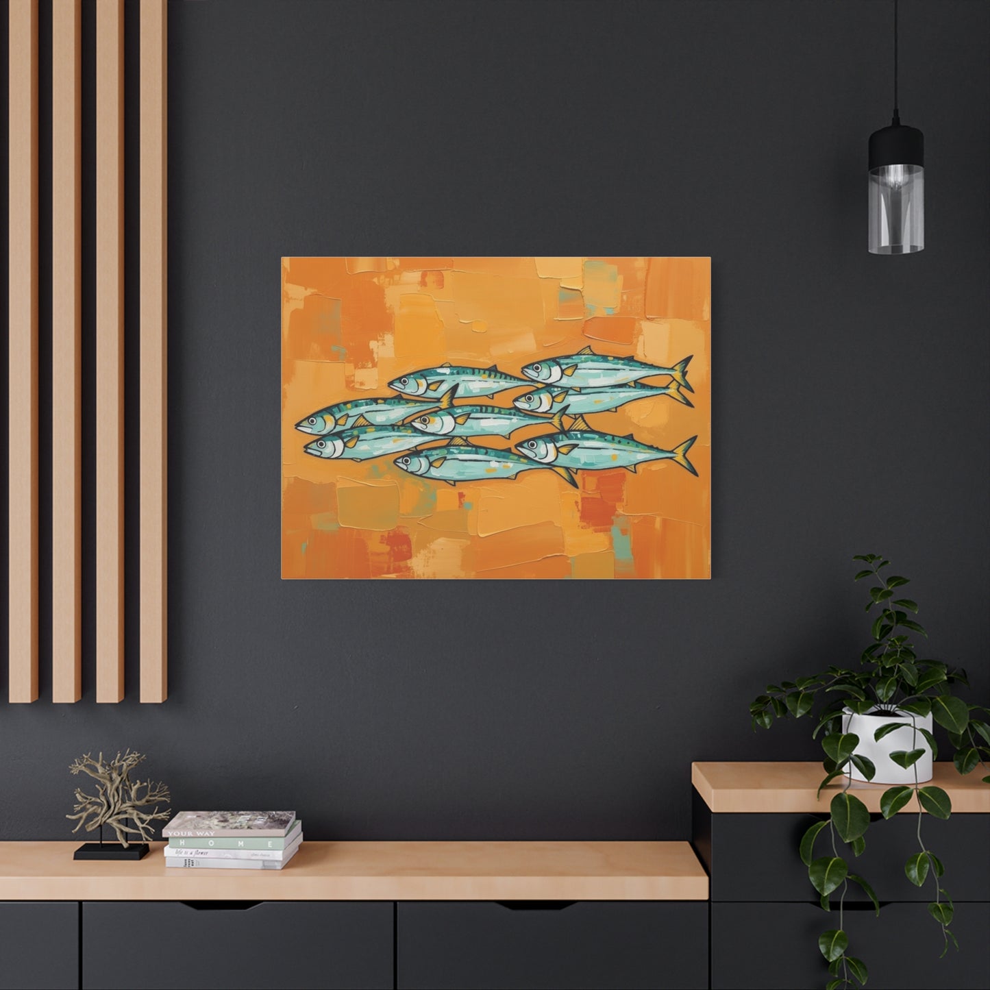 School of Mackerel Canvas Wall Art — Nautical Fish Painting on Orange Background