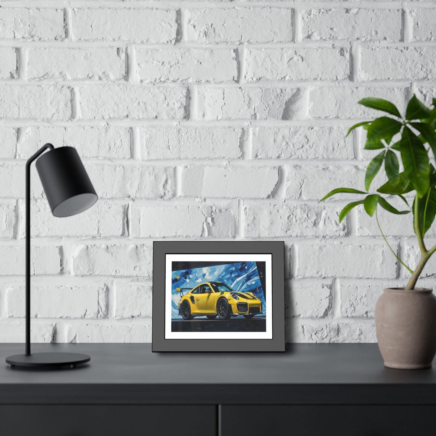 Framed Poster - Yellow Porsche Sports Car Art Print (Modern Automotive Wall Decor)