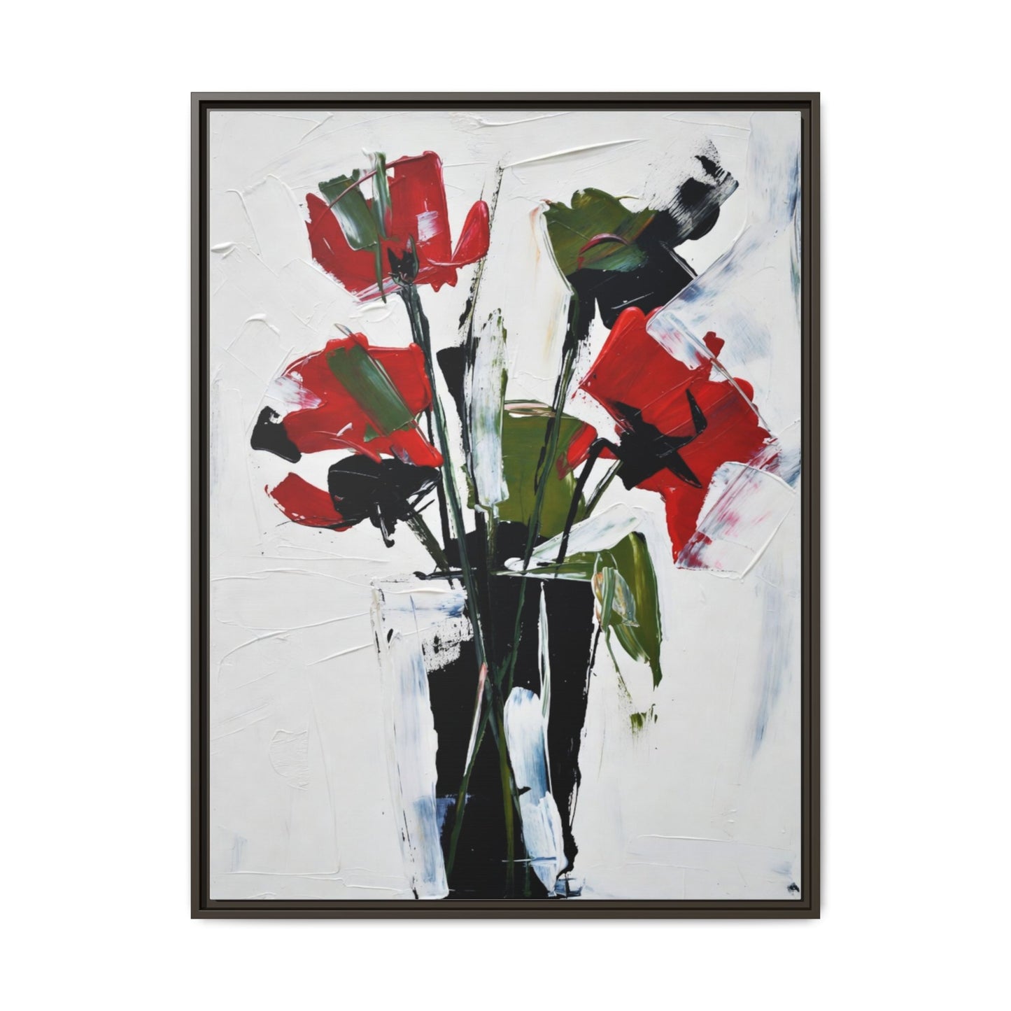 Framed Abstract Floral Canvas Print — Red Poppies in Black Vase