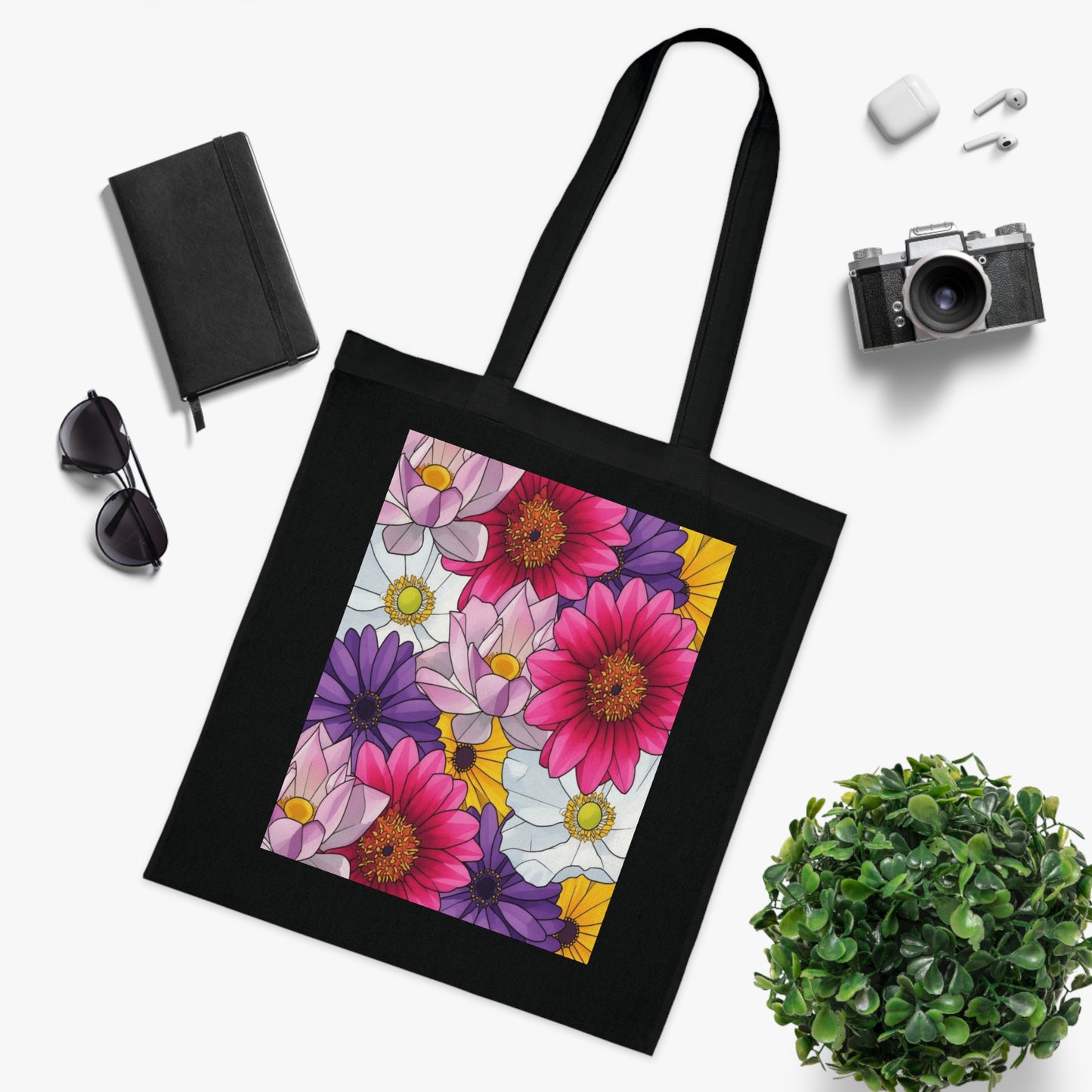 Floral Burst Cotton Tote Bag — Colorful Daisy & Gerbera Garden Print