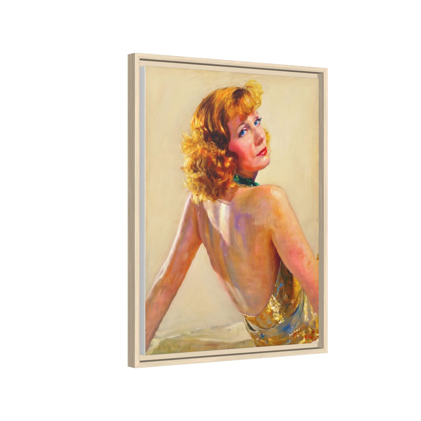 Framed Matte Canvas Print — Vintage Portrait of Redhead Greta Garbo in Gold Dress