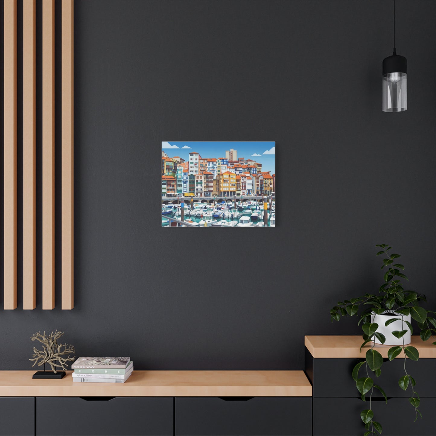 Colorful Coastal Harbor Matte Canvas Print — Stretched Wall Art