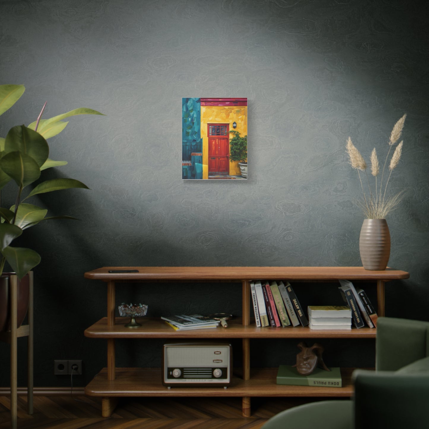 Colorful Doorway Canvas Wall Art — Vibrant Yellow & Teal Street Scene, Matte Stretched Print