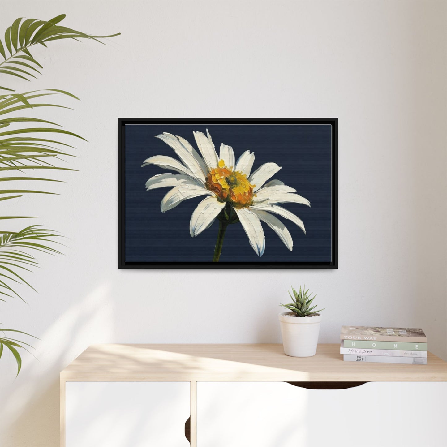 Framed Matte Canvas Daisy Wall Art — White Floral Painting on Navy