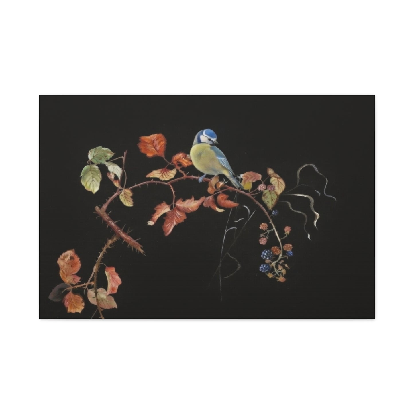 Canvas Wall Art - Blue Tit on Autumn Branch, Stretched Matte Canvas