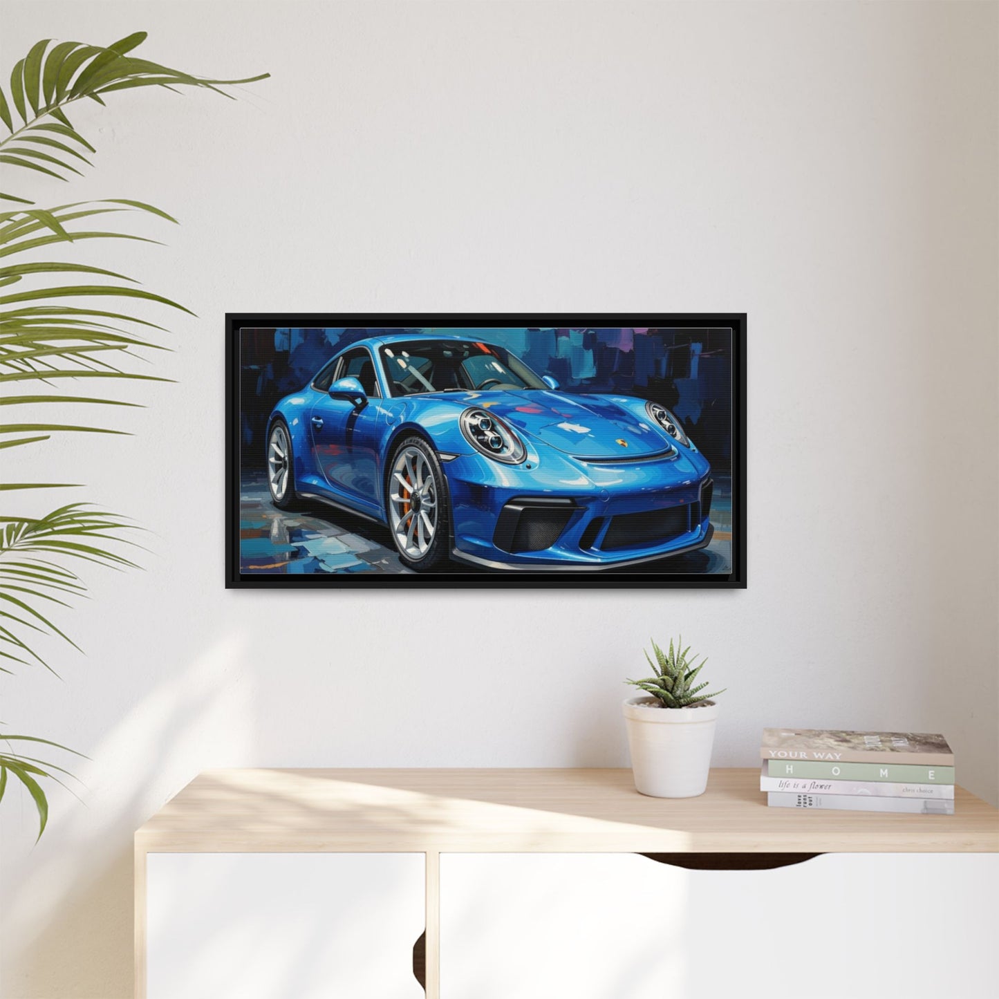 Blue Sports Car Matte Canvas Framed Print — Modern Automotive Wall Art