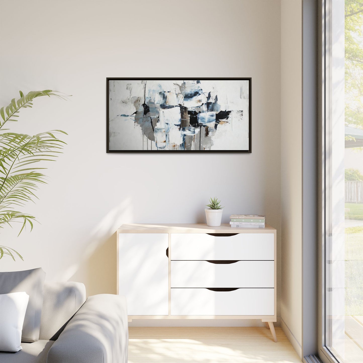 Framed Abstract Canvas Art — Blue Neutral Modern Wall Print