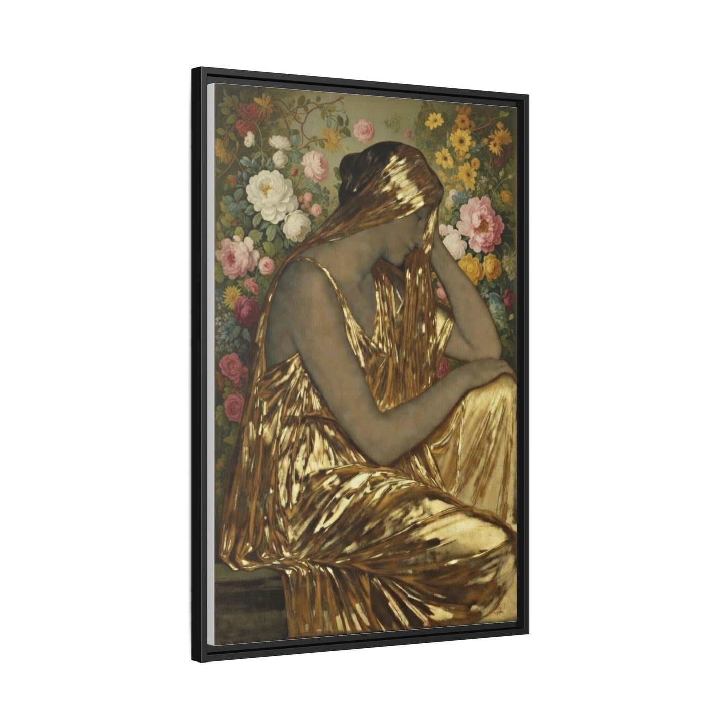 Framed Canvas Art Print — Golden Muse Woman with Floral Background