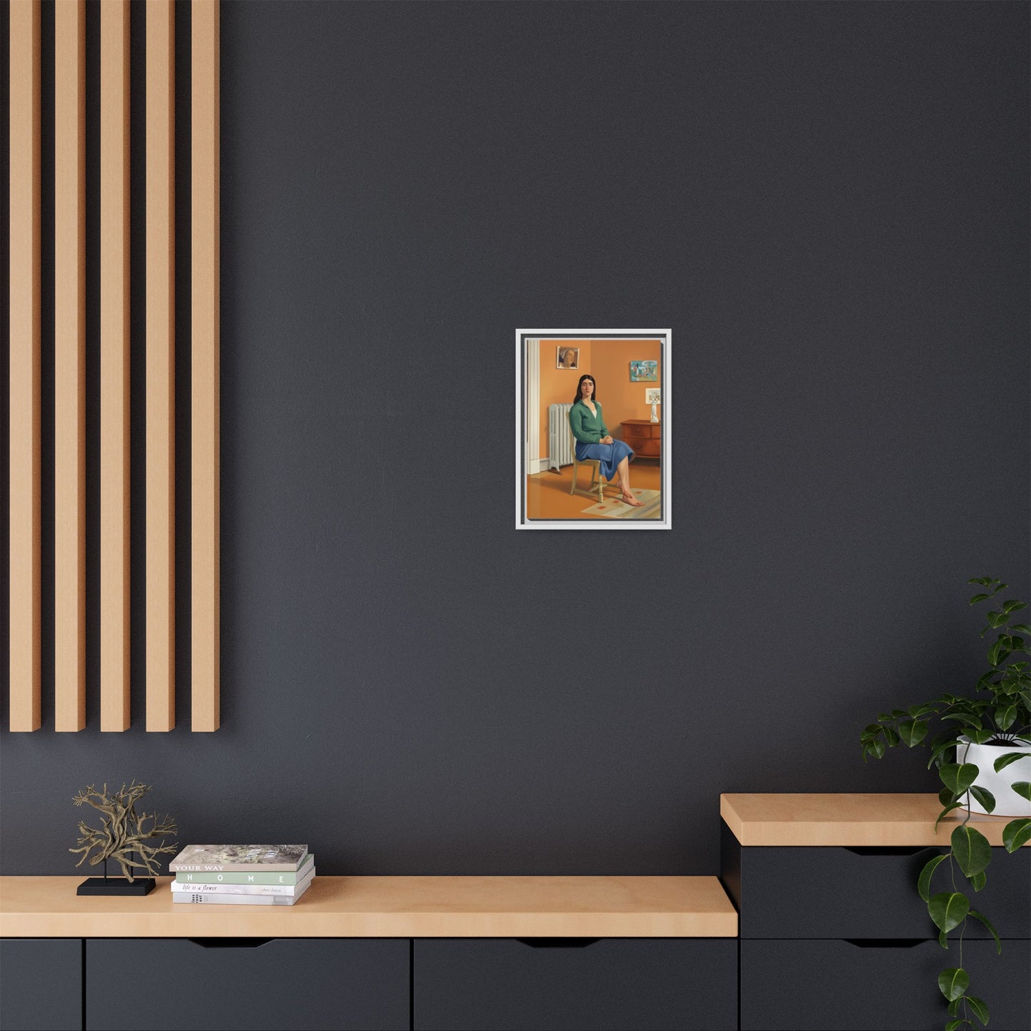 Framed Matte Canvas Print — Woman Seated in Warm Interior (Midcentury Portrait)