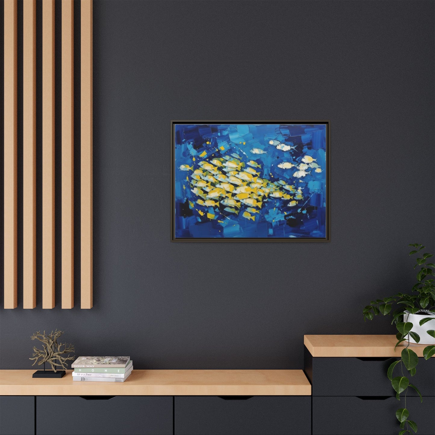 Framed Matte Canvas: Blue School of Fish Wall Art