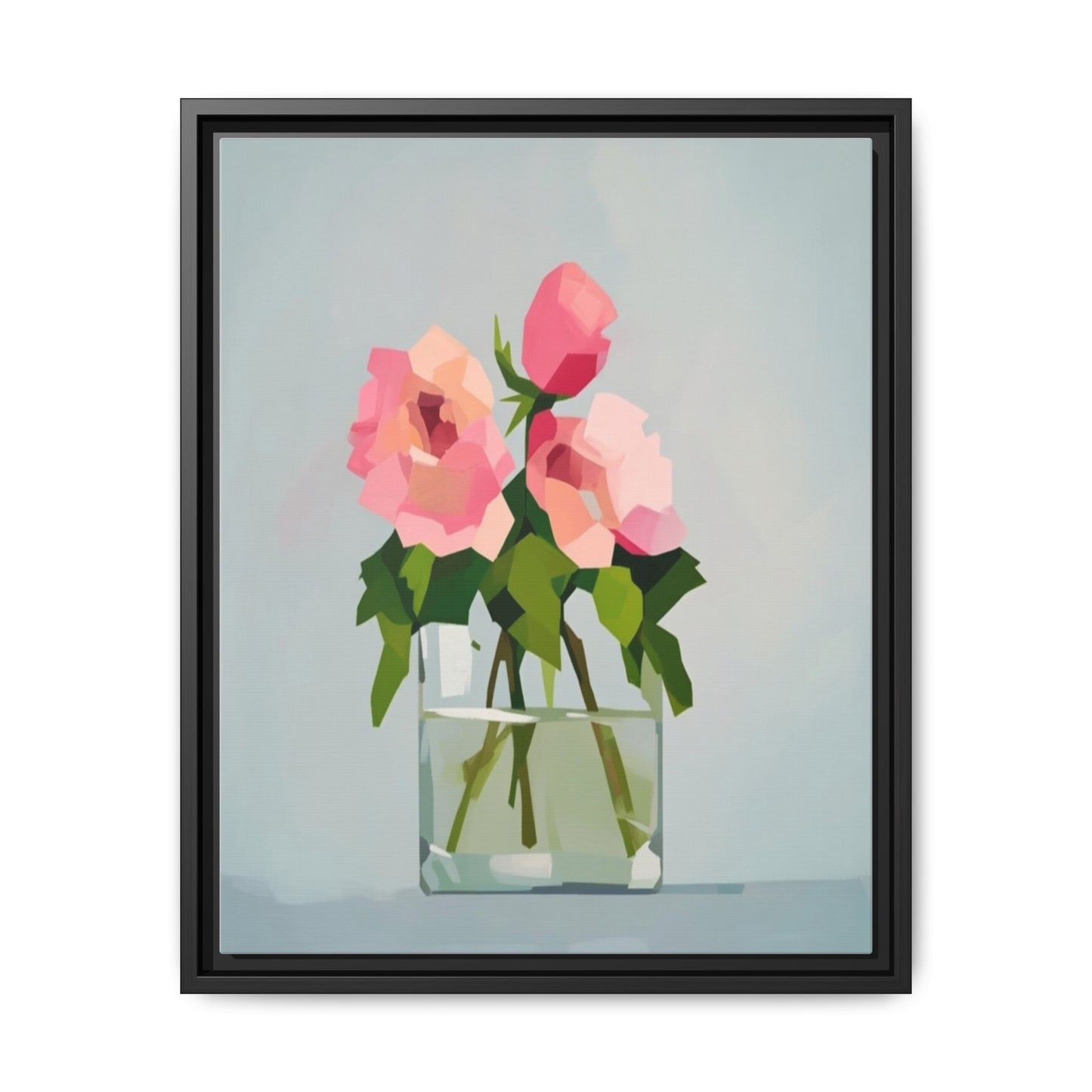 Framed Floral Canvas Print — Pink Roses in Glass Vase (Matte)