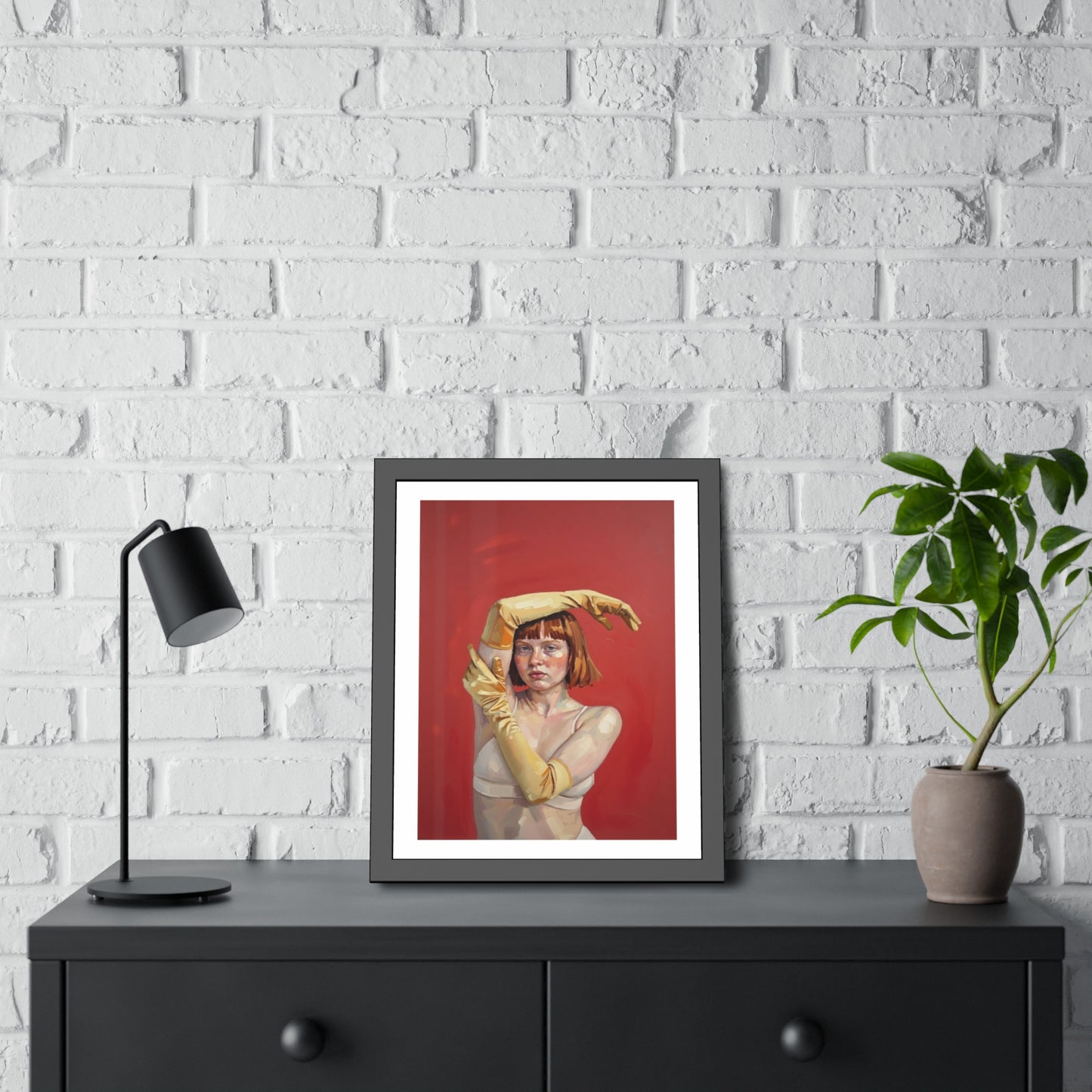 Framed Art Print — Retro Portrait with Yellow Gloves on Red Background