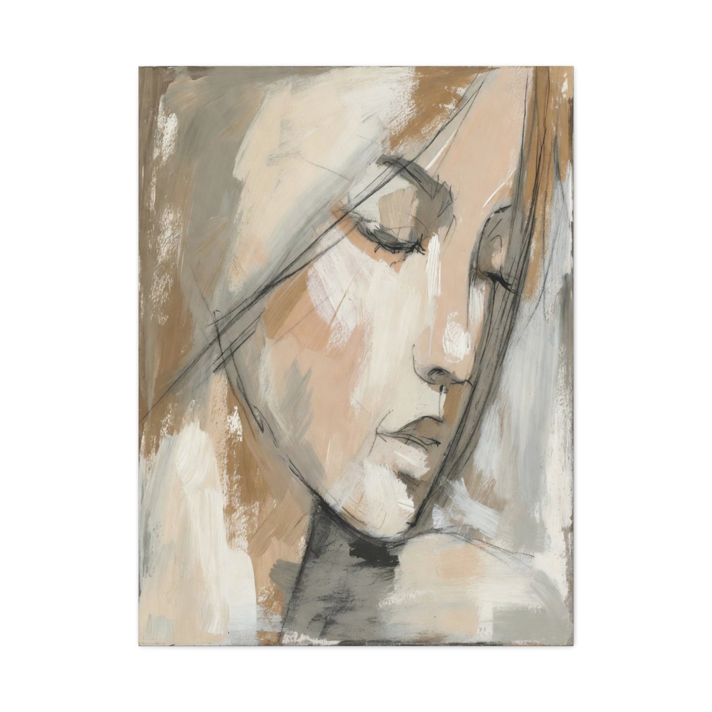 Serene Woman Portrait Matte Canvas Wall Art — Neutral Abstract Face Painting