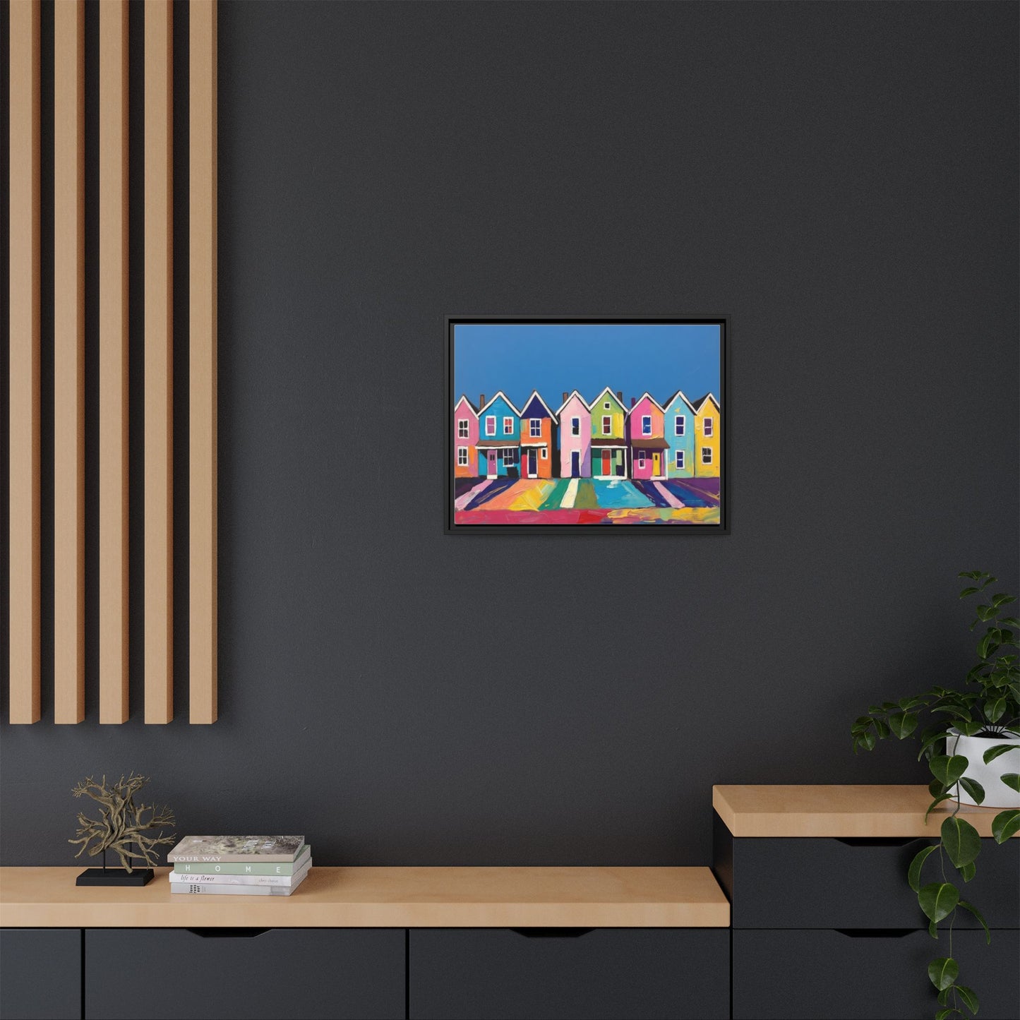 Colorful Beach Houses Matte Canvas Framed Wall Art