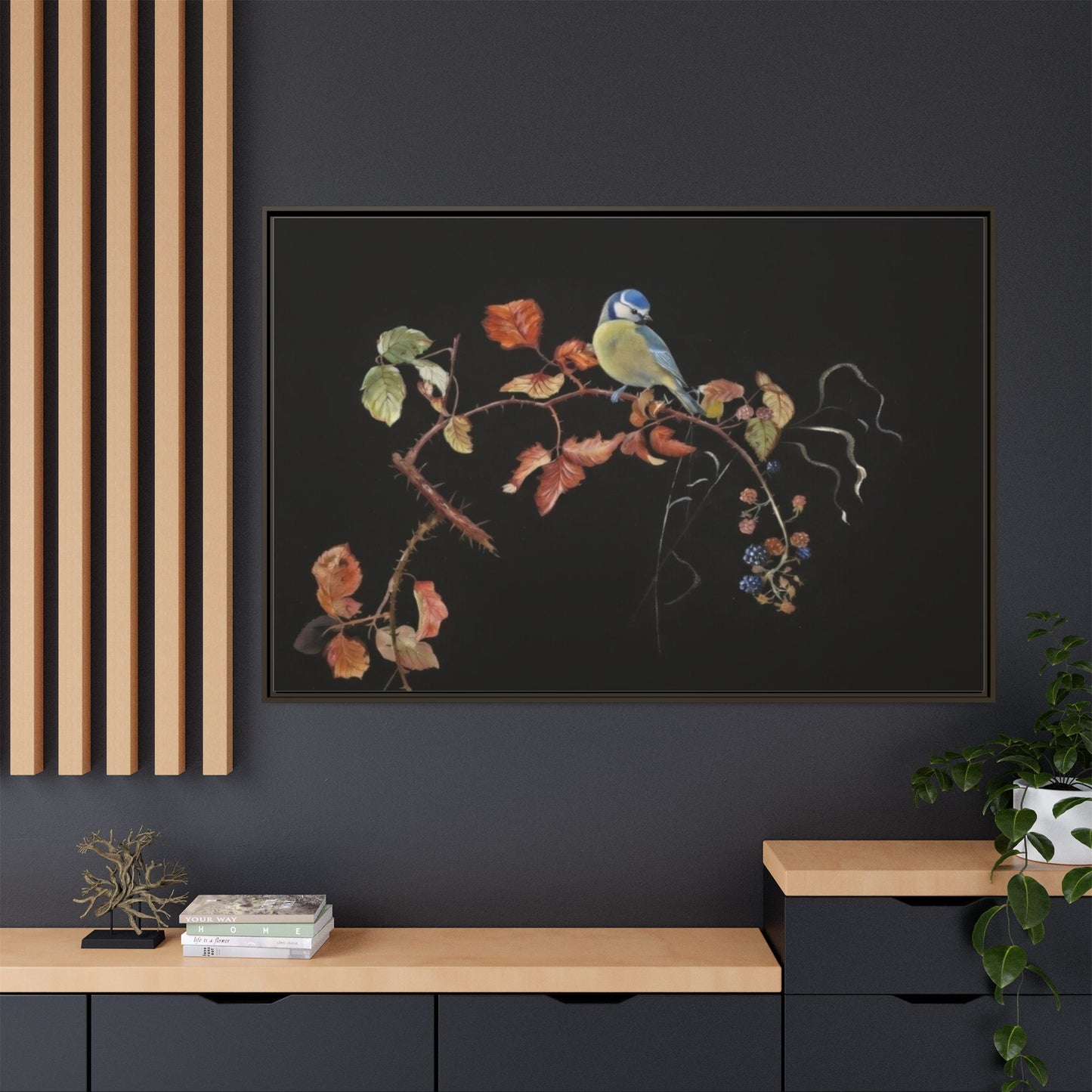 Framed Matte Canvas - Blue Tit on Autumn Branch Wall Art