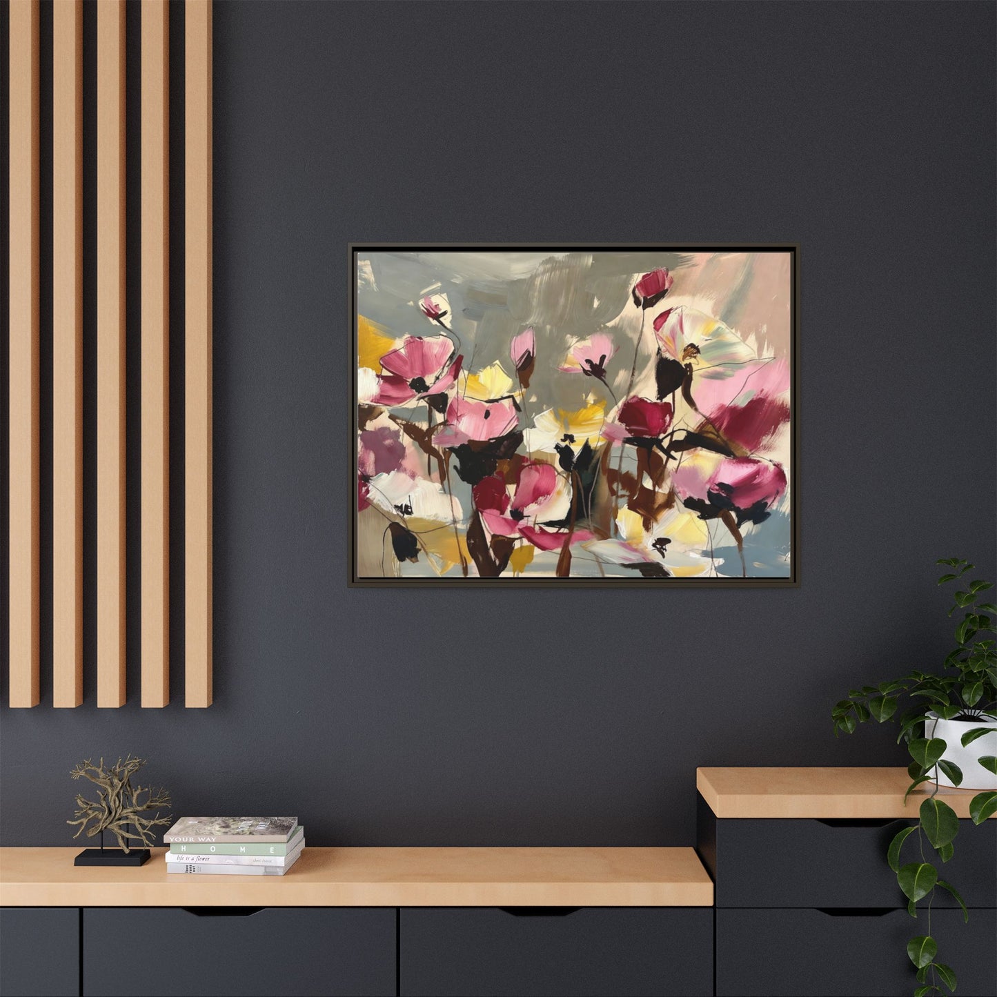 Framed Floral Canvas Wall Art — Abstract Pink & Yellow Flowers