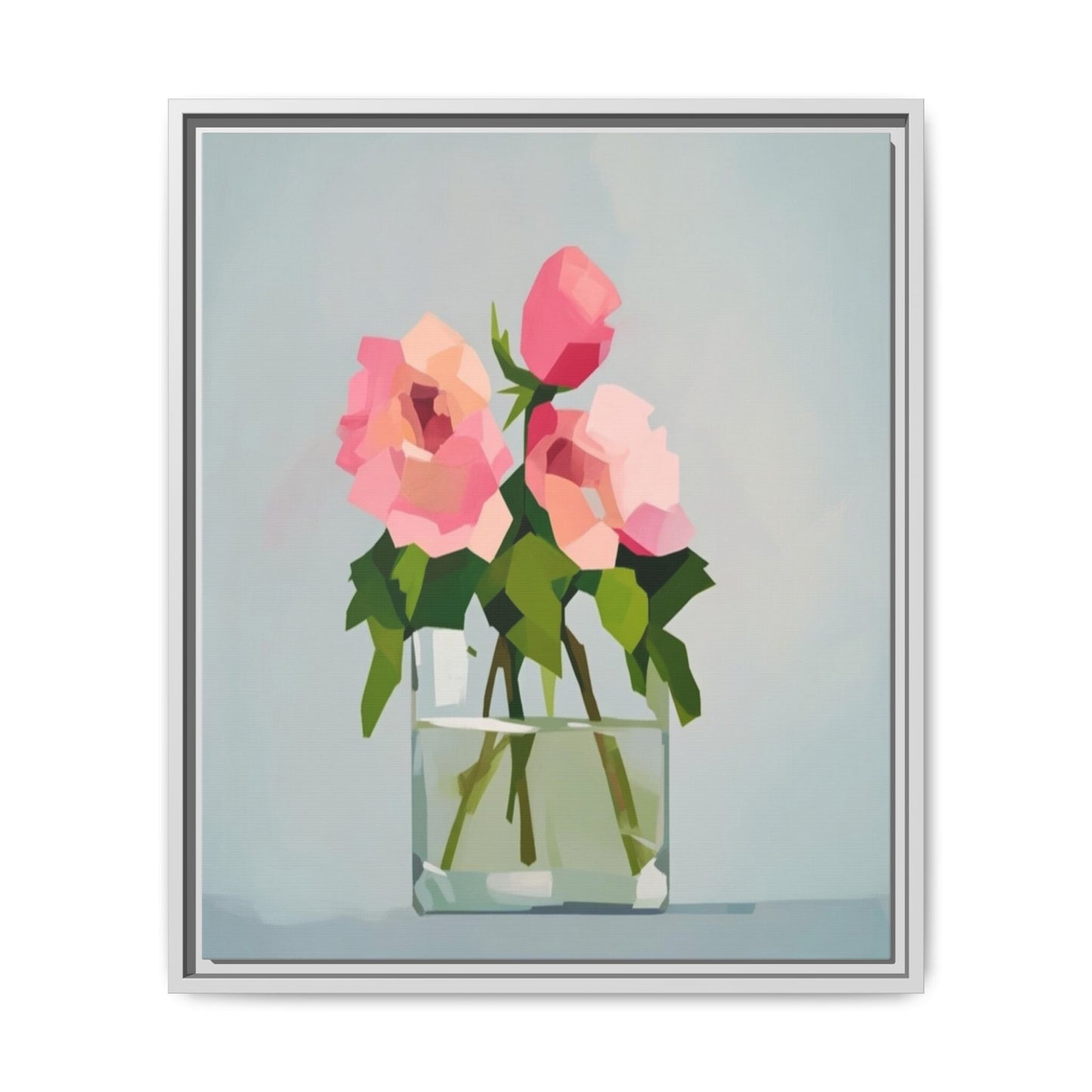 Framed Floral Canvas Print — Pink Roses in Glass Vase (Matte)