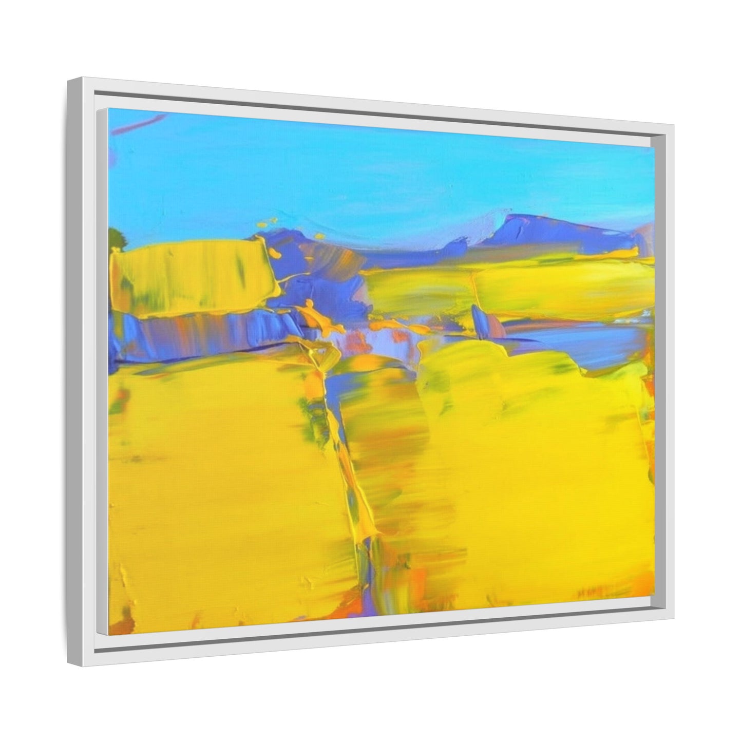 Framed Matte Canvas  Vibrant Yellow Blue Abstract Landscape Art