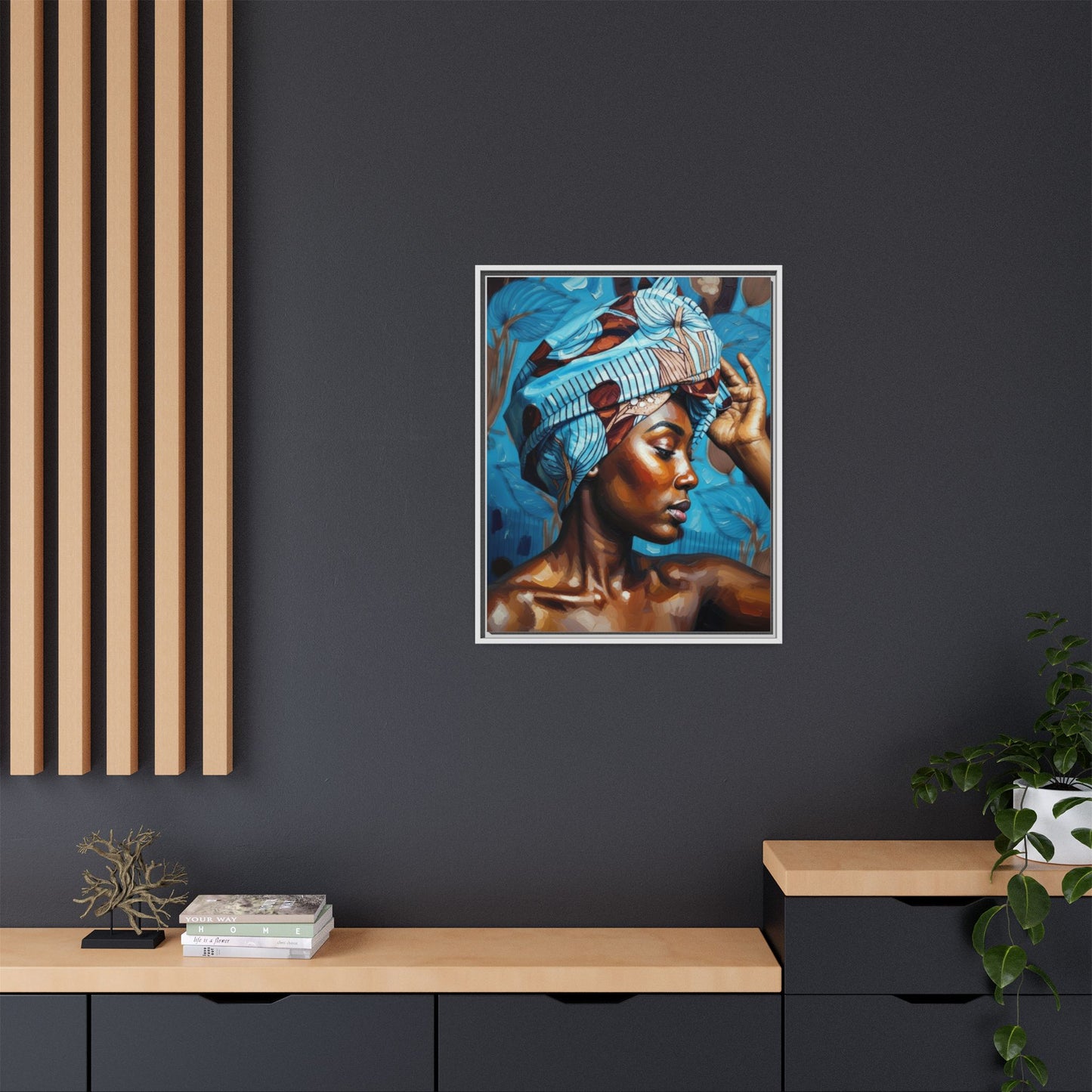 Framed Canvas Art — Portrait of Woman in Blue Headwrap