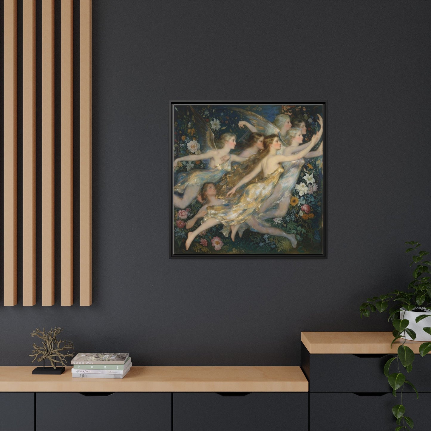 Framed Matte Canvas Wall Art — Vintage Fairies & Floral Painting