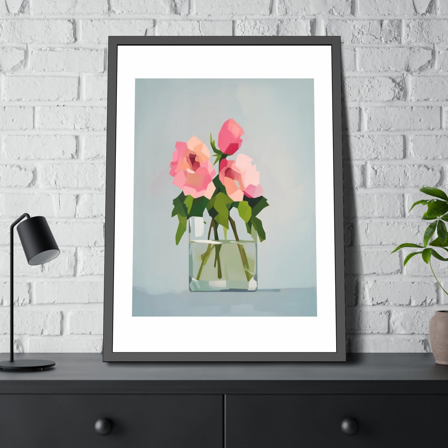 Framed Floral Poster — Pink Rose Vase Wall Art