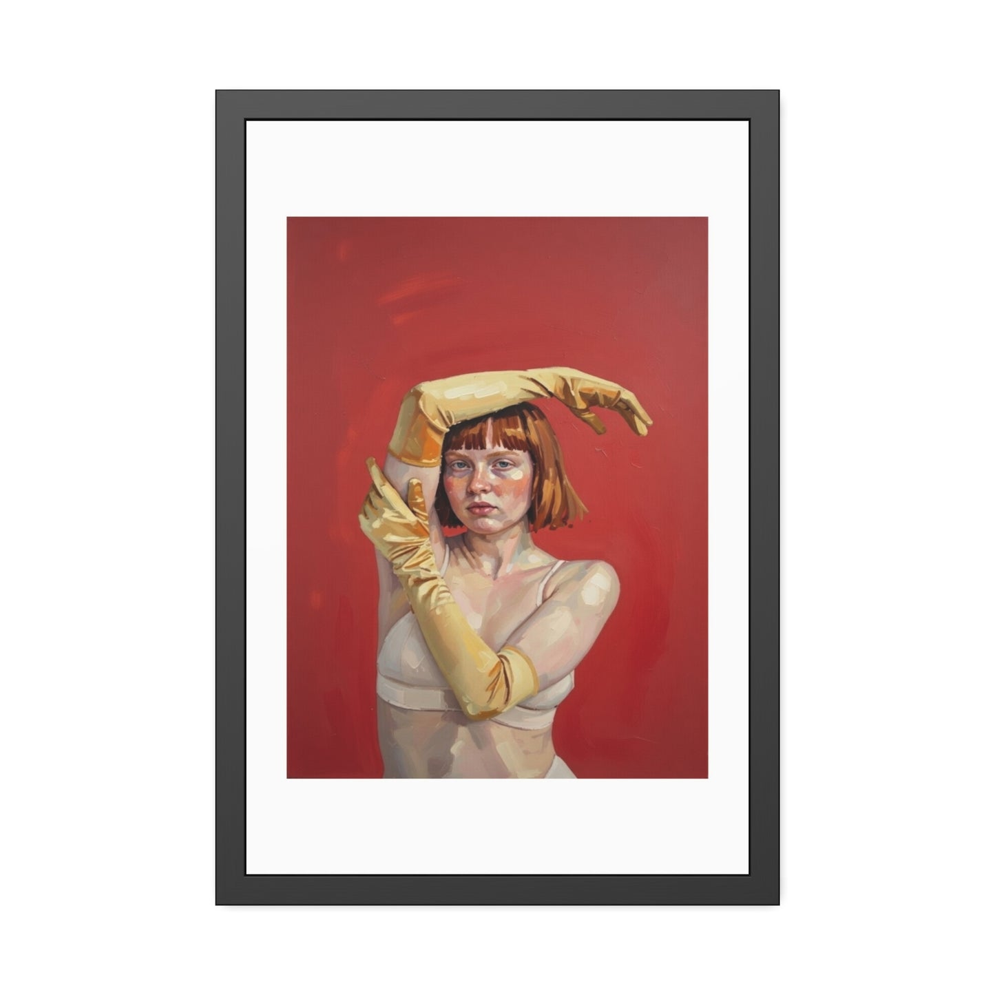 Framed Art Print — Retro Portrait with Yellow Gloves on Red Background