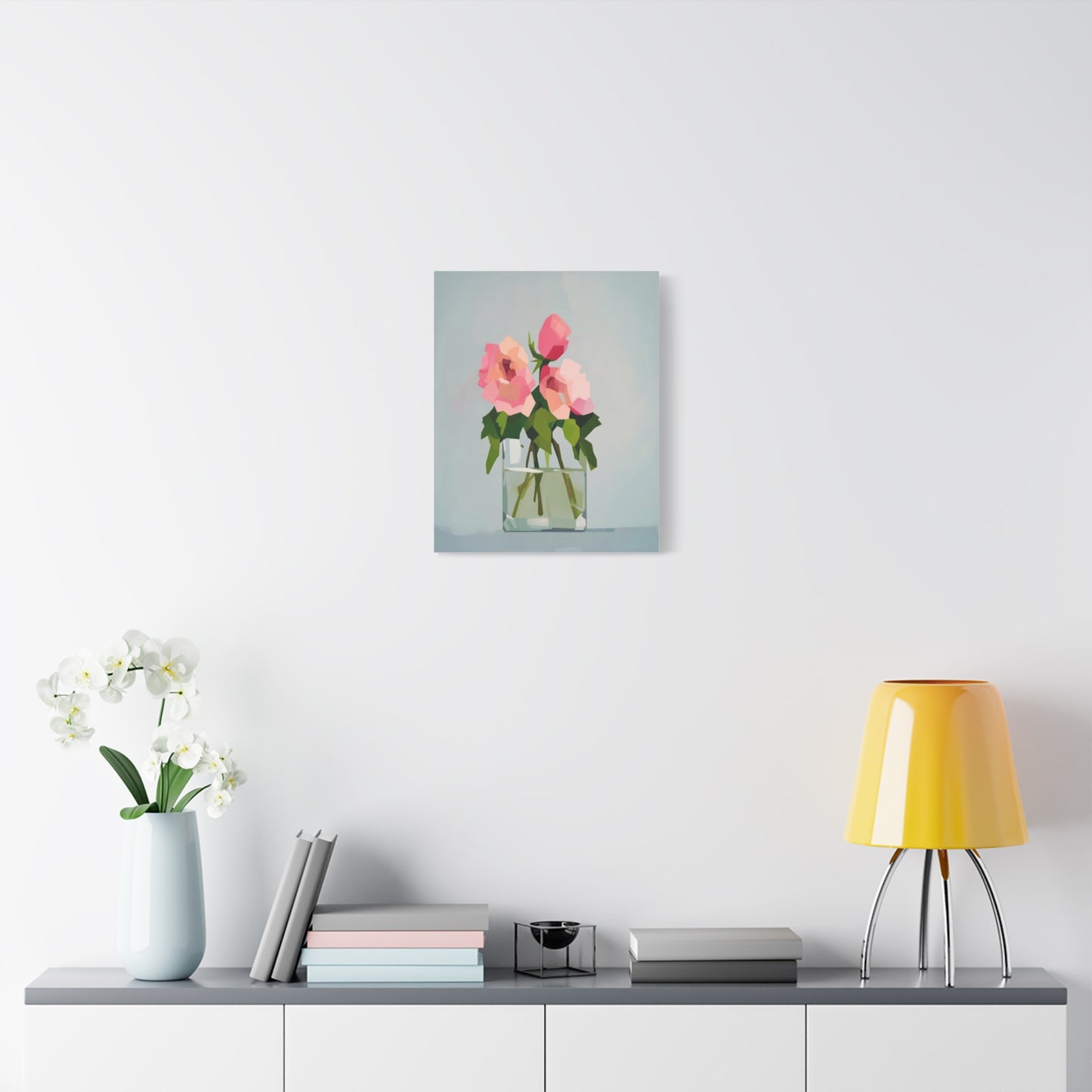 Pink Roses in Square Vase - Matte Stretched Canvas Wall Art