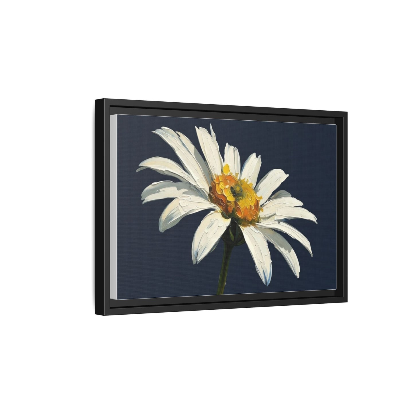 Framed Matte Canvas Daisy Wall Art — White Floral Painting on Navy