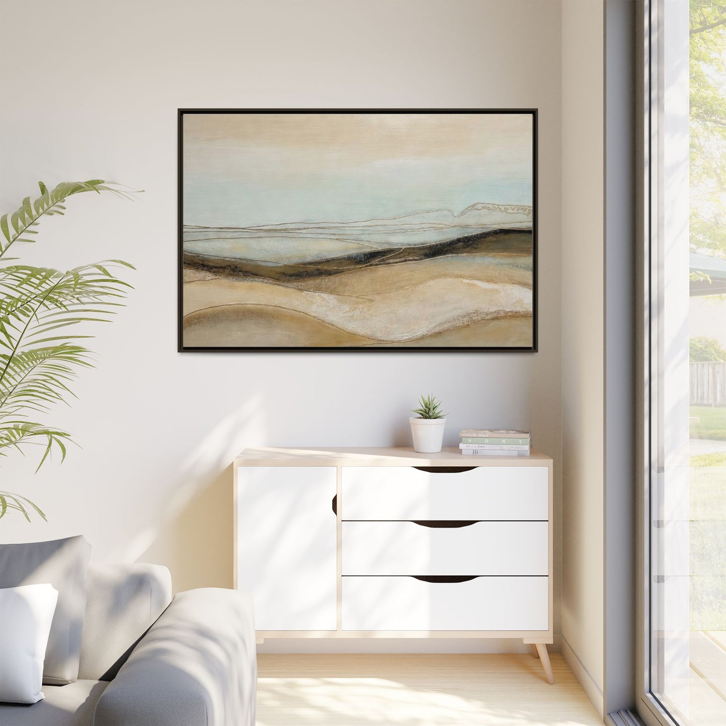 Framed Matte Canvas Wall Art — Neutral Abstract Landscape in Soft Blues & Earth Tones