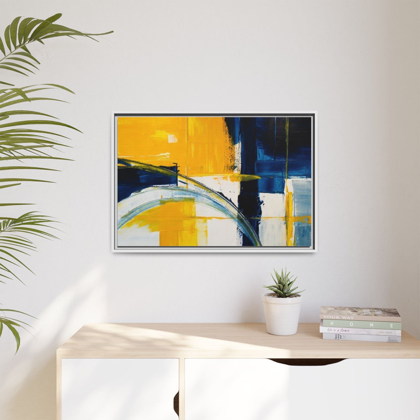Abstract Yellow & Blue Framed Canvas Wall Art — Modern Matte Canvas Print