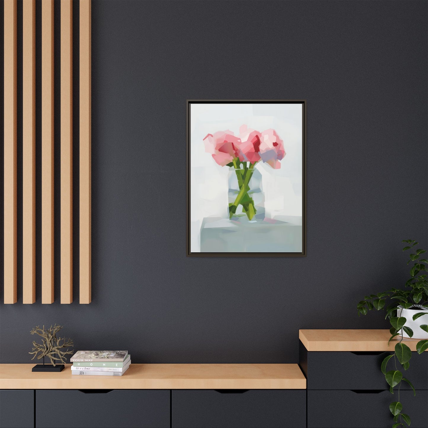 Framed Floral Canvas Art — Pink Peonies in Vase (Matte)